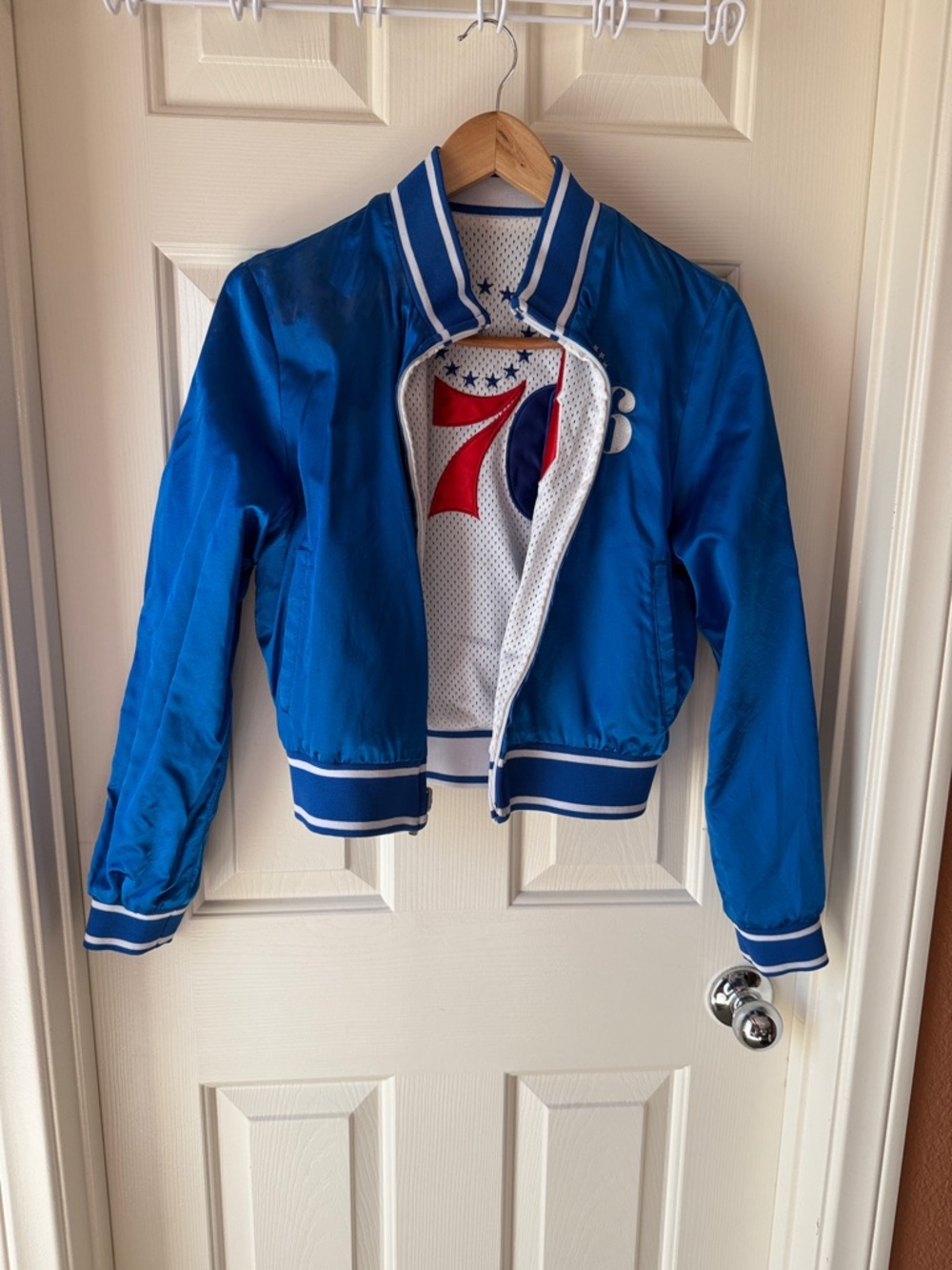 Blue Satin '76 Embroidered Bomber Jacket with Red & White Accents